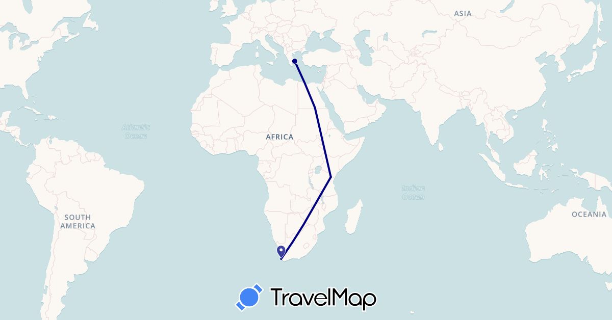 TravelMap itinerary: driving in Egypt, Greece, Tanzania, South Africa (Africa, Europe)